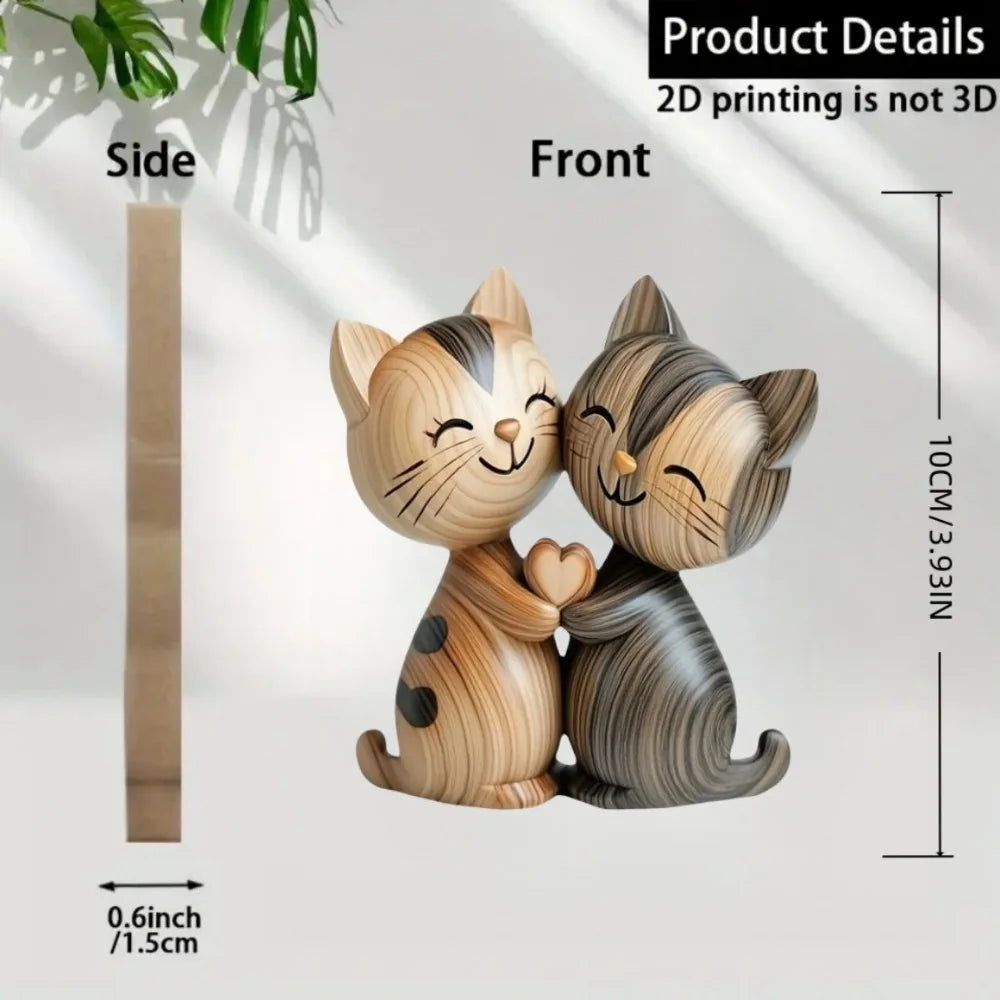 Handgemaakt 2D Houten Dierenbeeldje - Kat & Konijn Bureau Decoratie