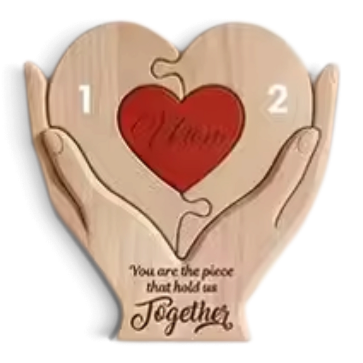 By Levin houten familie hart puzzel met handen en rood hart, gepersonaliseerd met namen als cadeau voor moederdag.