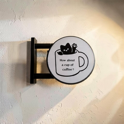 By Levin LED coffee sign fridge magnet featuring a cute cat in a mug illustration with warm white illumination