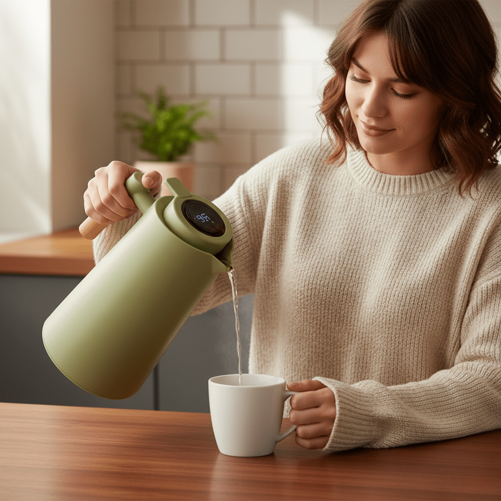 LATTEA THERMO – Dubbelwandige Thermosfles met Temperatuurweergave en Houten Handvat