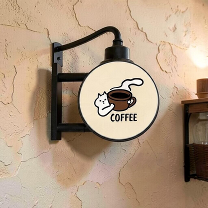 By Levin LED coffee corner magnetic light box featuring a cute cat illustration with a coffee cup on a cream background