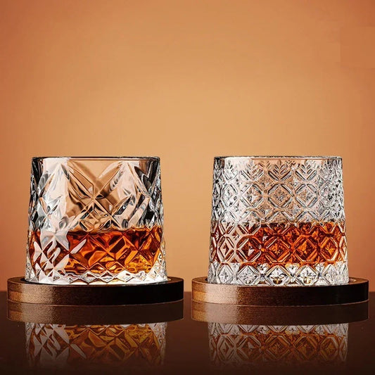 Kristal Whiskey Glazen Set met Houten Onderzetter en Geslepen Patroon