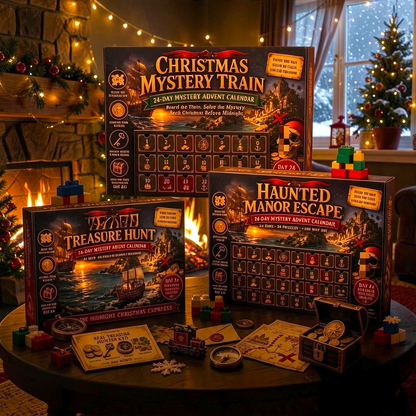 By Levin 24-day mystery advent calendar puzzle games with Christmas themes, treasure hunt, and escape room boxes.