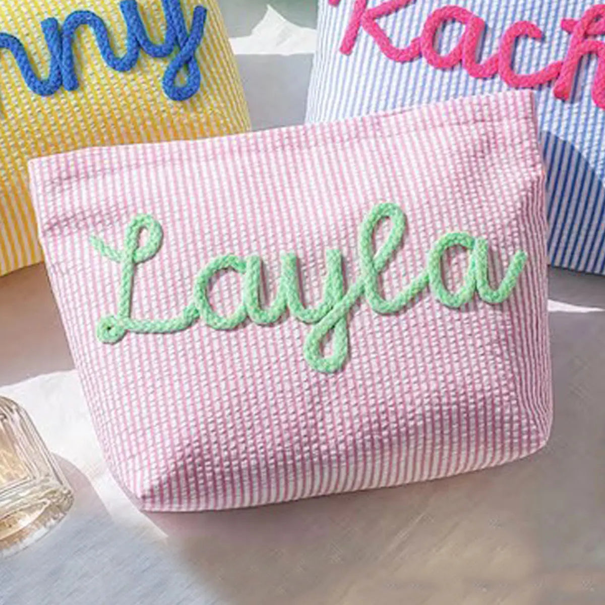 Gepersonaliseerde Seersucker Make-Up Tas - Met Naam
