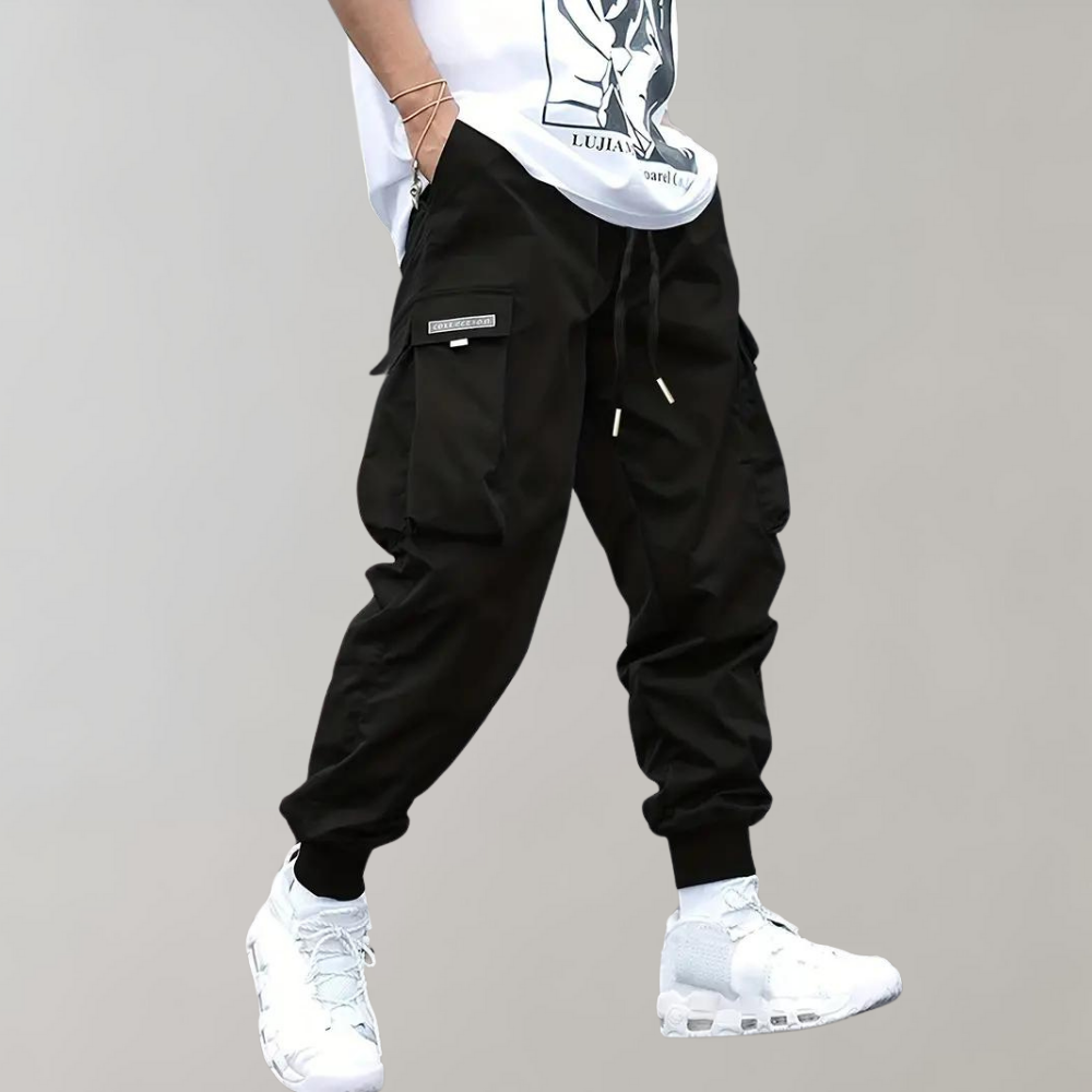 Ontspannen Pasvorm Zwarte Cargo Broek voor Mannen, Ademend en Flexibel Casual Broek met Functionele Zakjes