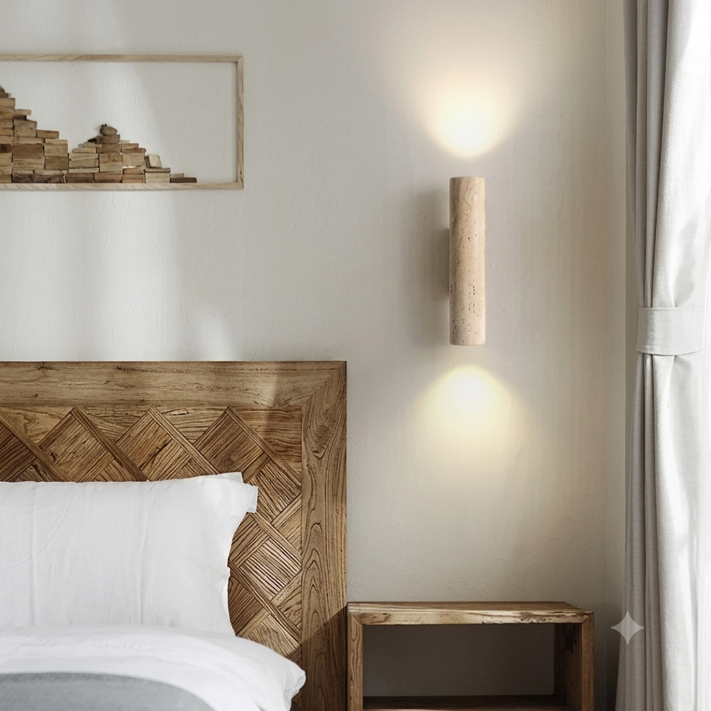 Wabi Sabi Geel Travertijn Wandlamp - Stenen & Houten Sfeerlamp