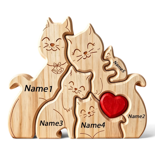 Gepersonaliseerde By Levin houten kattenfamilie puzzel met gegraveerde namen en een rood hart als decoratie