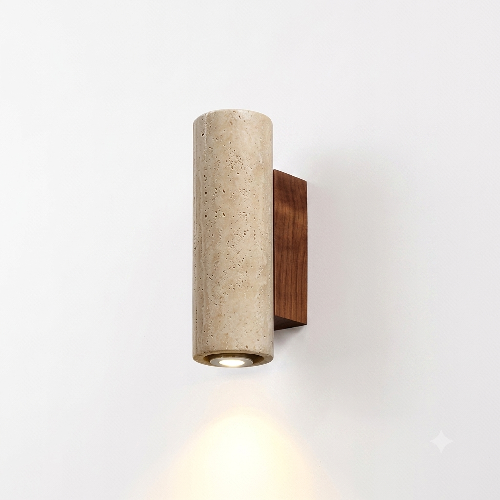 Wabi Sabi Geel Travertijn Wandlamp - Stenen & Houten Sfeerlamp