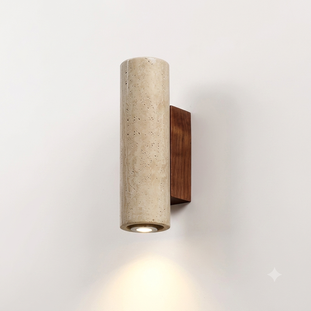 Wabi Sabi Geel Travertijn Wandlamp - Stenen & Houten Sfeerlamp