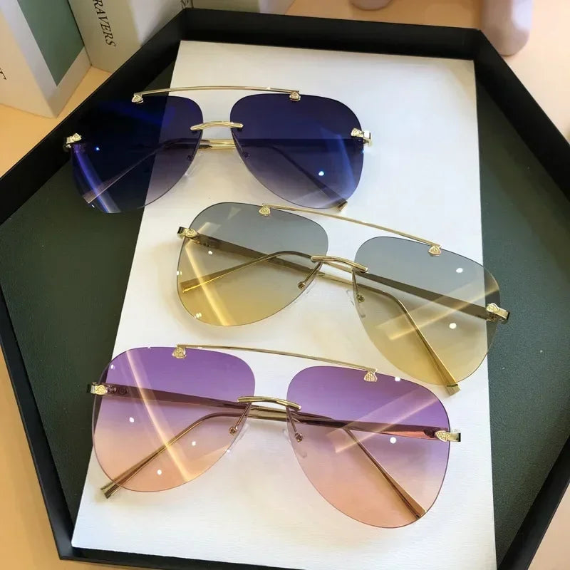 2025 Vintage Rimless Aviator Zonnebril Voor Mannen Vrouwen Gradient Shades Zwart Bruin