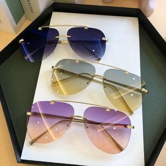 2025 Vintage Rimless Aviator Zonnebril Voor Mannen Vrouwen Gradient Shades Zwart Bruin