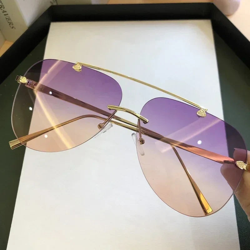 2025 Vintage Rimless Aviator Zonnebril Voor Mannen Vrouwen Gradient Shades Zwart Bruin