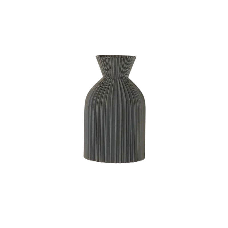 By Levin Nordic pleated matte black plastic flower vase with flared collar and vertical lines, 14cm tall.