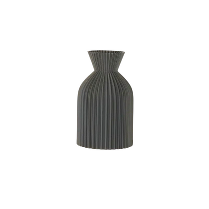 By Levin Nordic pleated matte black plastic flower vase with flared collar and vertical lines, 14cm tall.