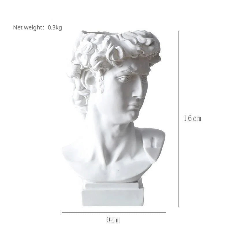 By Levin white resin David bust vase and makeup brush holder with classic Renaissance sculpture design