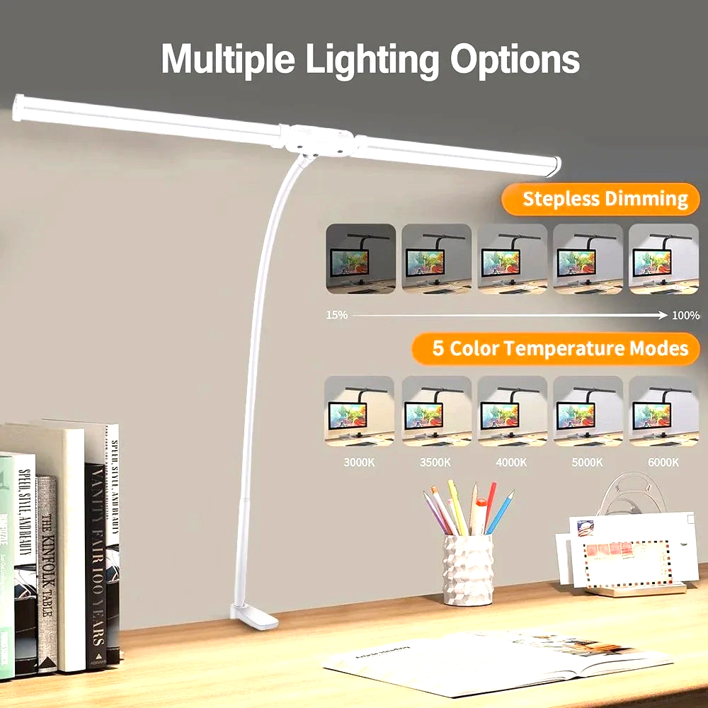 By Levin white dual-head LED desk lamp with flexible gooseneck, stepless dimming, and adjustable color temperatures.