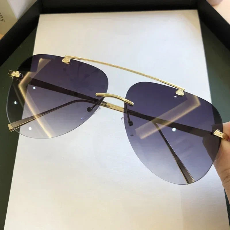 2025 Vintage Rimless Aviator Zonnebril Voor Mannen Vrouwen Gradient Shades Zwart Bruin