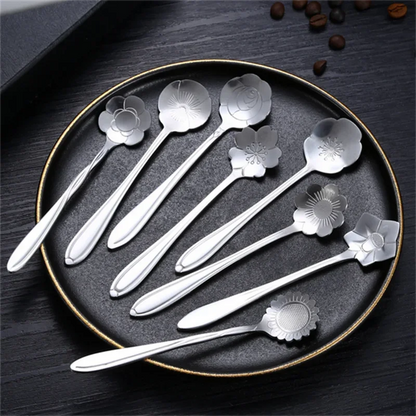8-Delige Bloem RVS Koffielepel Set - Elegante Dessertlepels