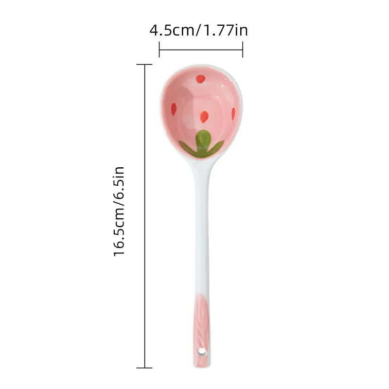 Kawaii Aardbei Keramische Lepel met Lang Handvat - Handgeschilderde Lepel