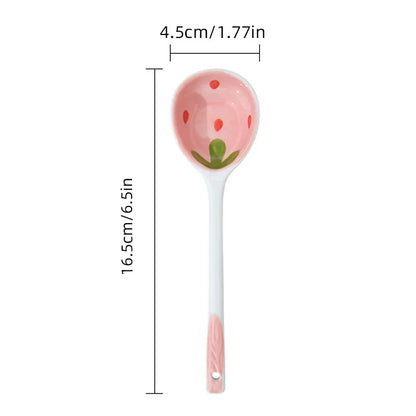 Kawaii Aardbei Keramische Lepel met Lang Handvat - Handgeschilderde Lepel