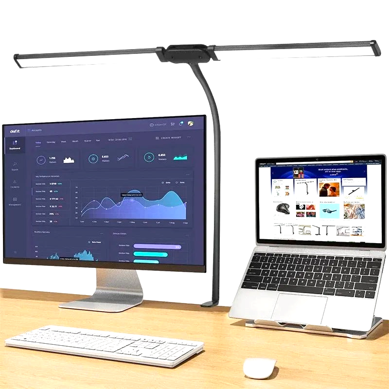 By Levin black dual-head LED desk lamp with flexible gooseneck, providing adjustable lighting for a dual monitor setup
