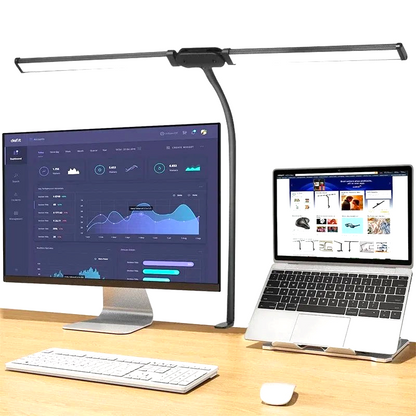 By Levin black dual-head LED desk lamp with flexible gooseneck, providing adjustable lighting for a dual monitor setup