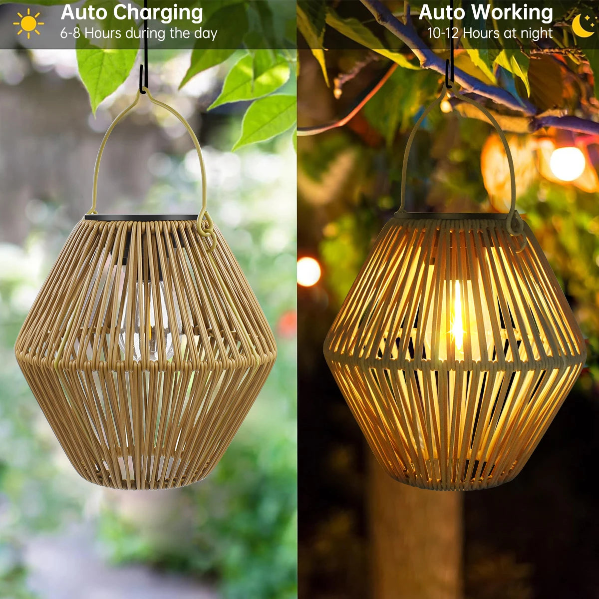 Zonne-energie Rotan Lantaarn voor Buiten - IP65 Waterdichte Tuinlamp