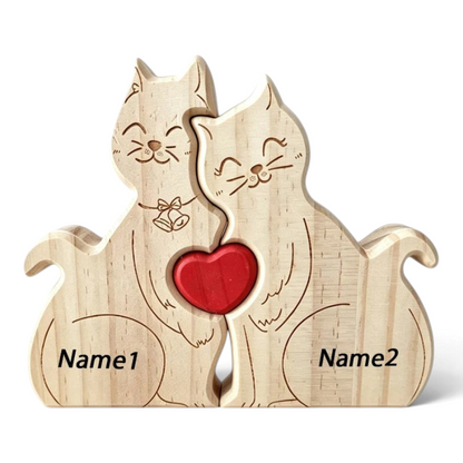 By Levin houten kattenfamilie puzzel met gegraveerde namen en een rood hartje als gepersonaliseerd cadeau