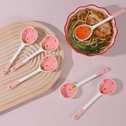 Kawaii Aardbei Keramische Lepel met Lang Handvat - Handgeschilderde Lepel