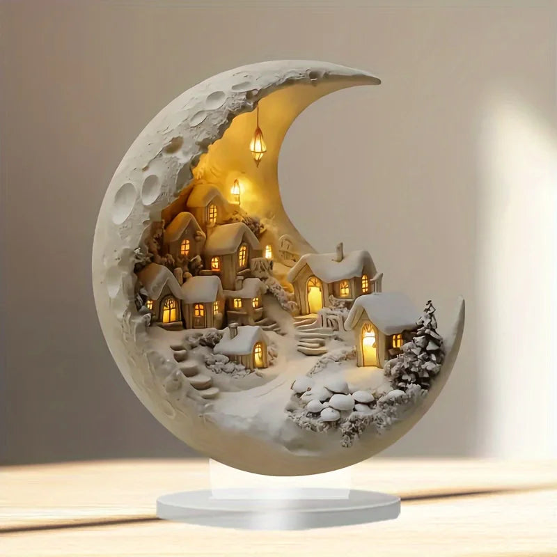 2D Acryl Halve Maan Kerstdorp Plaquette