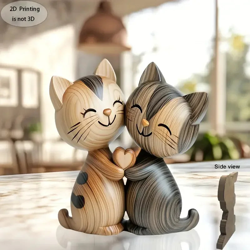 Handgemaakt 2D Houten Dierenbeeldje - Kat & Konijn Bureau Decoratie