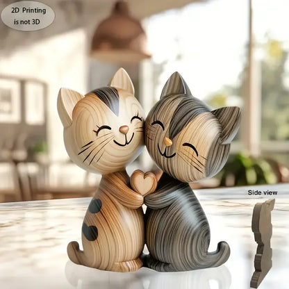 Handgemaakt 2D Houten Dierenbeeldje - Kat & Konijn Bureau Decoratie
