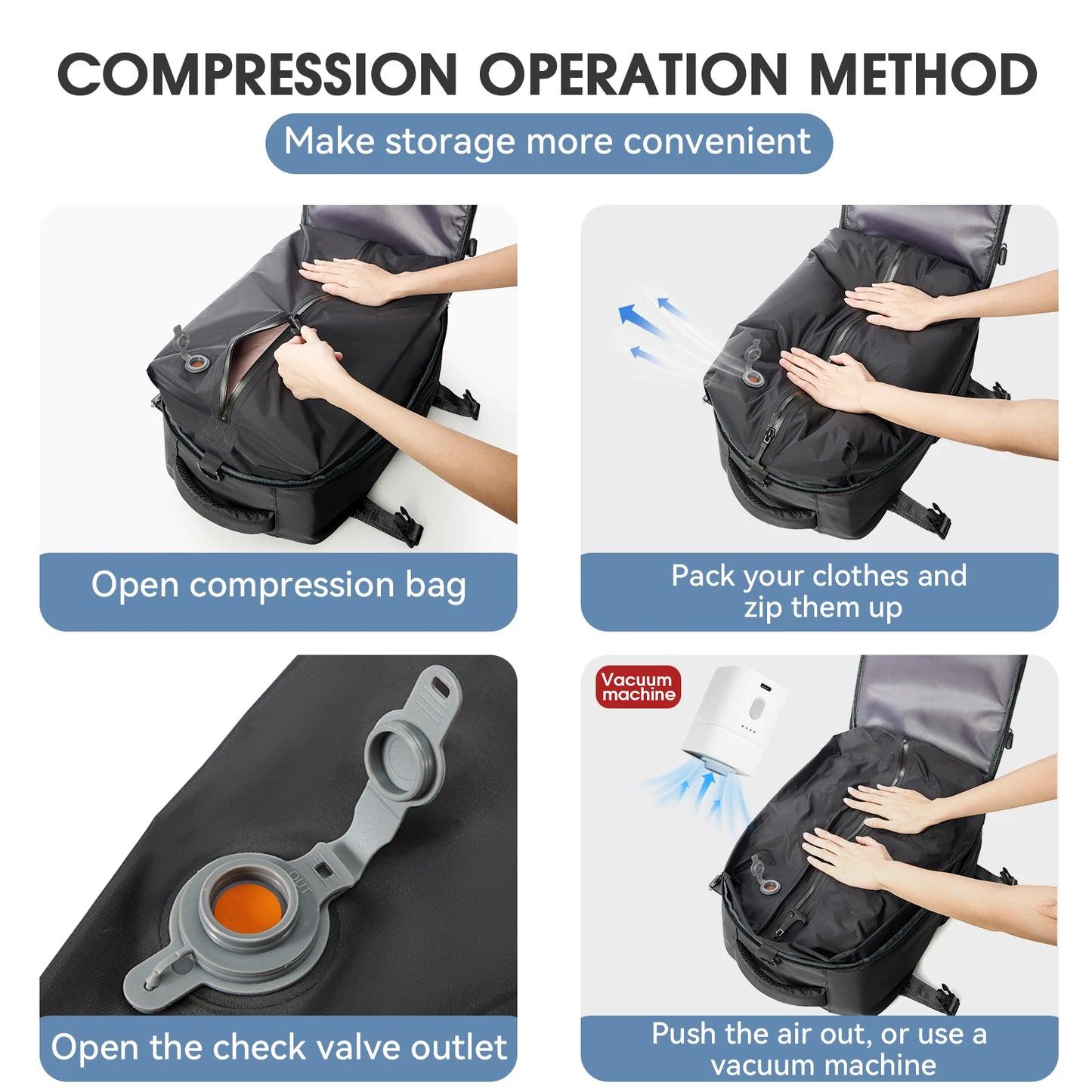 Vacuüm Compressie Rugzak - Uitbreidbare 15,6" Laptop Reistas