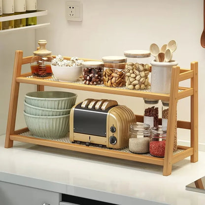 2-Laags Houten Desktop Organizer & Plantenrek - Rieten Look