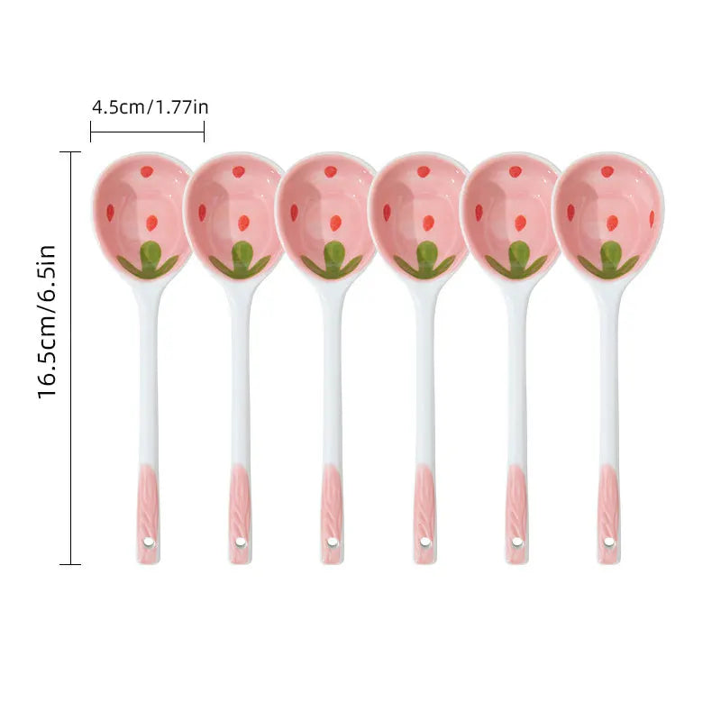 Kawaii Aardbei Keramische Lepel met Lang Handvat - Handgeschilderde Lepel