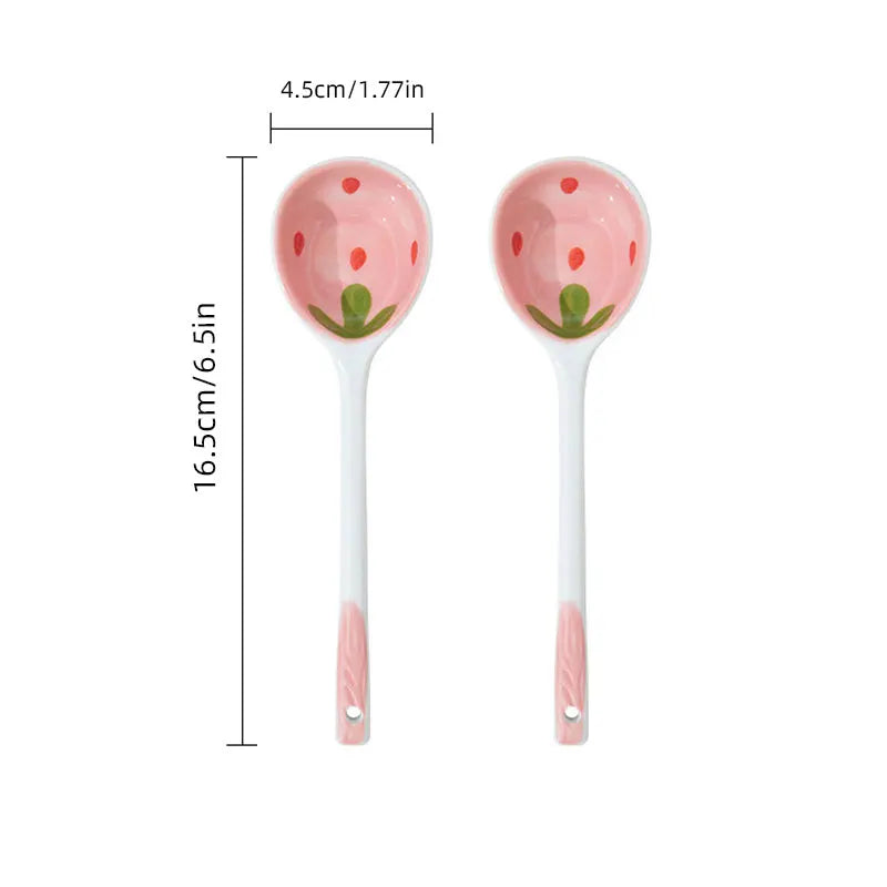 Kawaii Aardbei Keramische Lepel met Lang Handvat - Handgeschilderde Lepel
