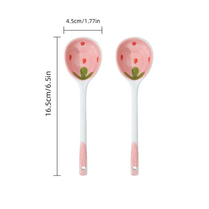Kawaii Aardbei Keramische Lepel met Lang Handvat - Handgeschilderde Lepel