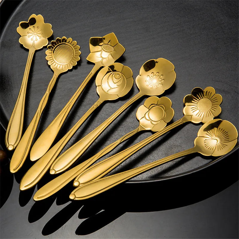 8-Delige Bloem RVS Koffielepel Set - Elegante Dessertlepels