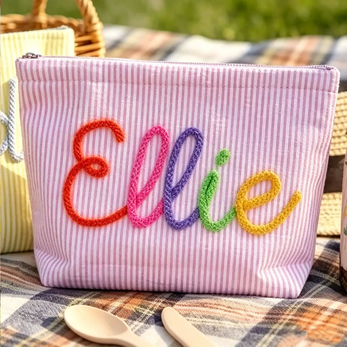 Gepersonaliseerde Seersucker Make-Up Tas - Met Naam