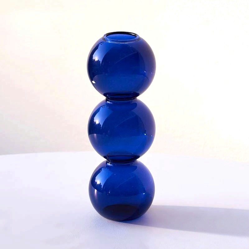 By Levin dark blue Nordic bubble glass flower vase with a modern stacked sphere design for minimalist decor