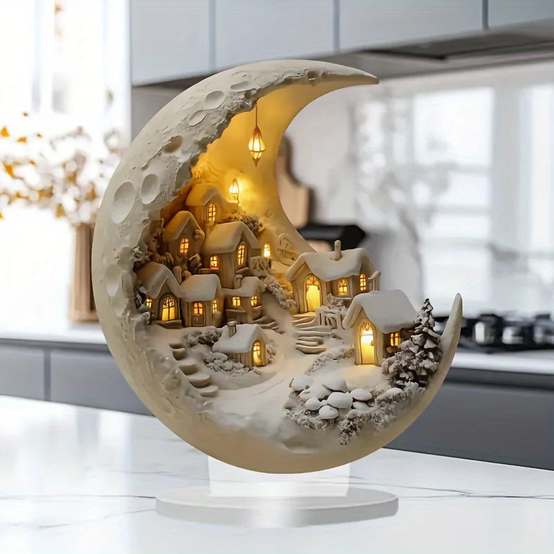 2D Acryl Halve Maan Kerstdorp Plaquette