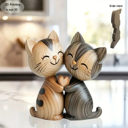 Handgemaakt 2D Houten Dierenbeeldje - Kat & Konijn Bureau Decoratie