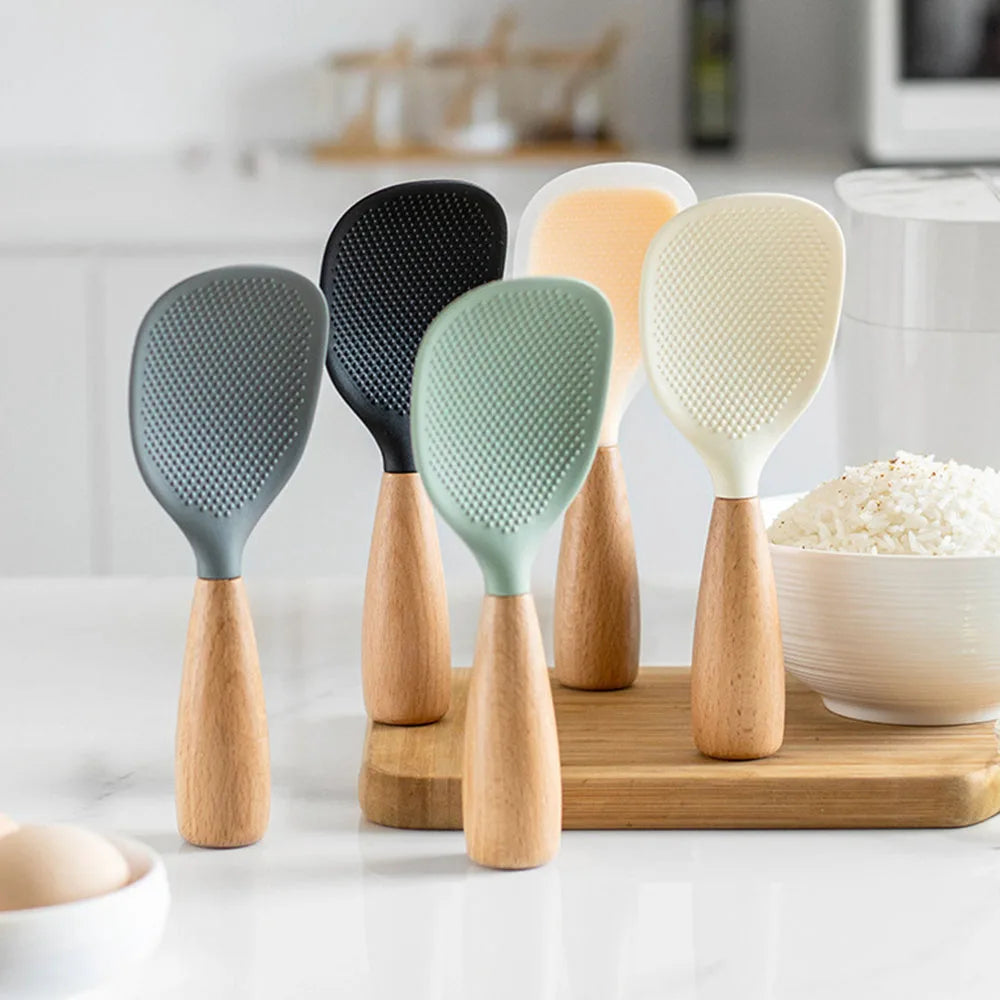 Anti-Plak Siliconen Rijstlepel met Houten Handvat - Hittebestendige Rijstspatel