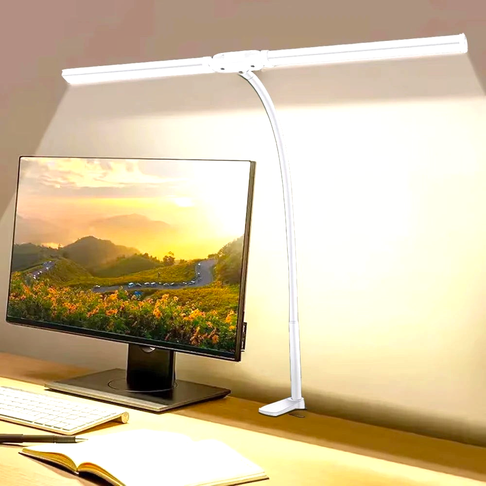 By Levin white dual-head LED desk lamp with flexible gooseneck, dimmable light bars, and remote control on a desk.