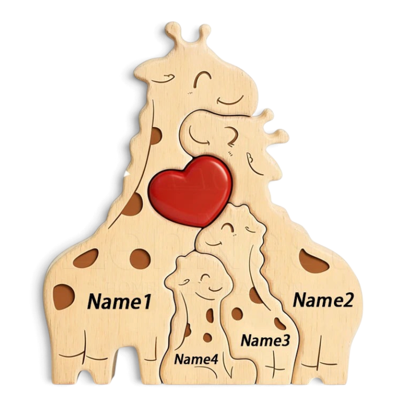 By Levin houten giraffen familie puzzel met gegraveerde namen en een rood hart, perfect als persoonlijk cadeau.