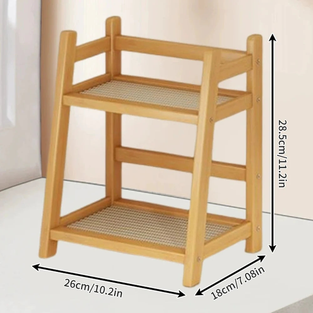 2-Laags Houten Desktop Organizer & Plantenrek - Rieten Look