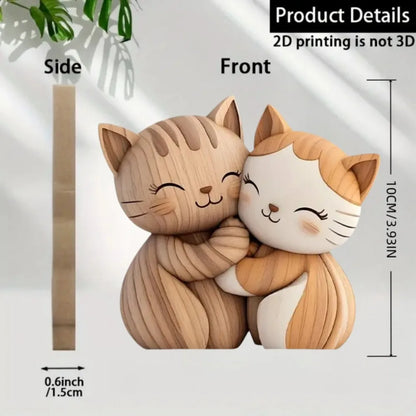 Handgemaakt 2D Houten Dierenbeeldje - Kat & Konijn Bureau Decoratie