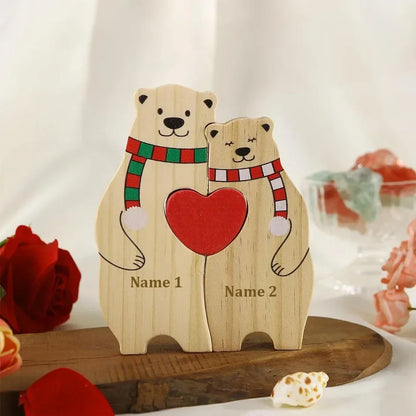 Aangepaste Naam Familie Puzzel Kleurrijke Sjaal Beer Kerst Houten Beer Huisdecoraties Warme Kerstcadeaus voor Familie en Vrienden