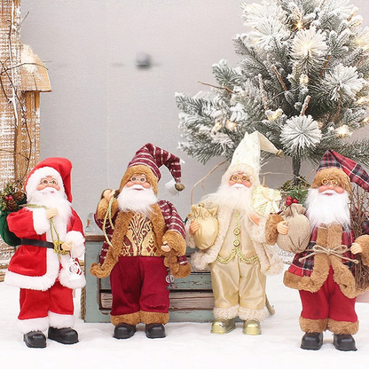 By Levin set of four plush standing Santa Claus figures in festive outfits for Christmas home decoration