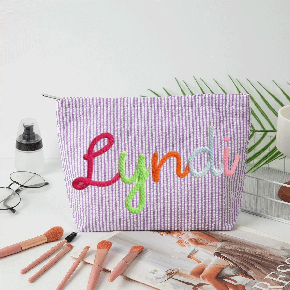 Gepersonaliseerde Seersucker Make-Up Tas - Met Naam